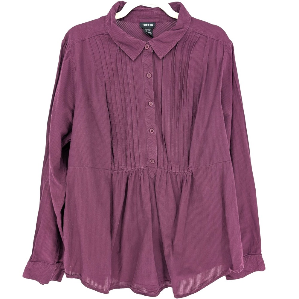 Torrid Georgette Blouse Womens 2X Purple Pintuck Smocked Back Roll Tab Sleeve